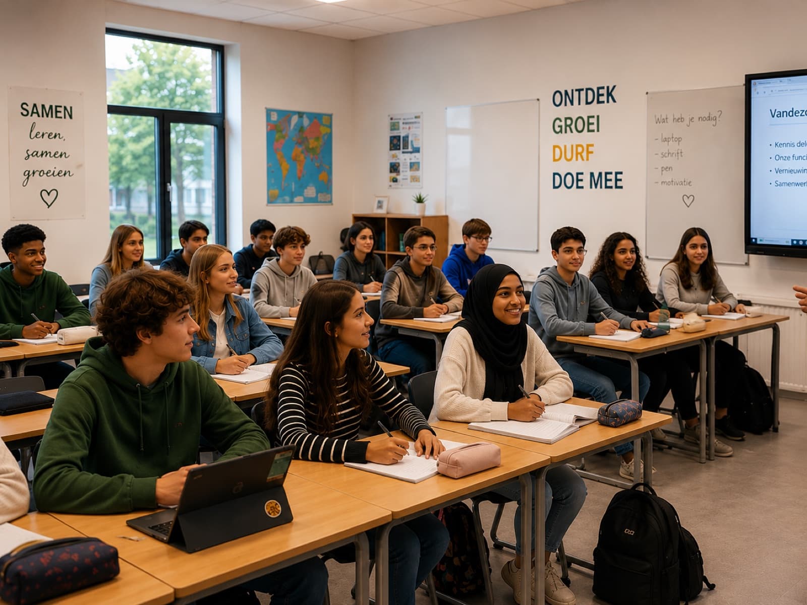 Leerlingen werken samen in een lichte klas — sfeerbeeld van het onderwijs waar EduZicht docenten in ondersteunt.